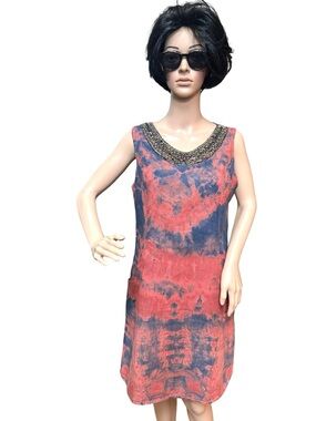 Lina Tomei Beaded Neckline Tie-Dye Sleeveless Tank Dress, M
